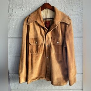 Vintage Suede Leather Camel Trucker Jacket Mens M Wide Collar Shacket 70s Retro